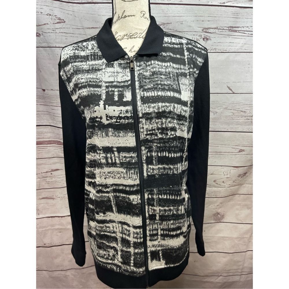 Alfani Women's Black White Abstract Print Zip Front Collared Jacket Size‎ Medium